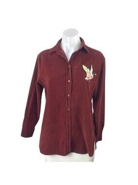 Beymen Club Red Maroon Corduroy Sequin Embroidered Duck Button Up Shirt Size XS